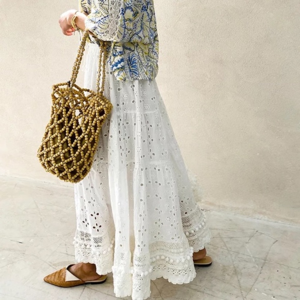 SOLD OUT White Eyelet Pompom Trim Tassel Boho Maxi Skirt - Picture 7 of 8